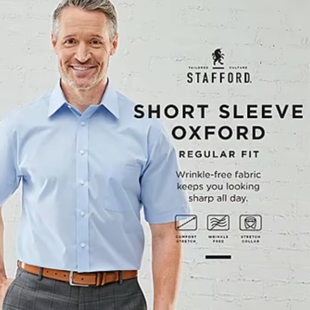*Stafford Mens Short Sleeve Wrinkle Free Oxford Button Down Collar Dress Shirt